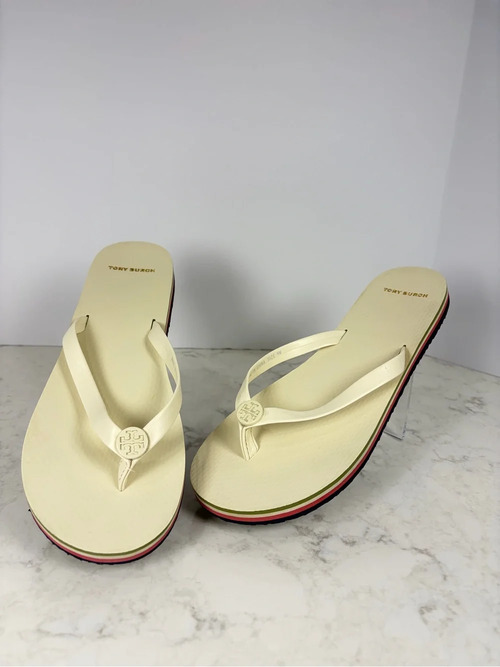 Tory Burch Cream Logo Thong Flip Flop Sandals with Multicolor Sole